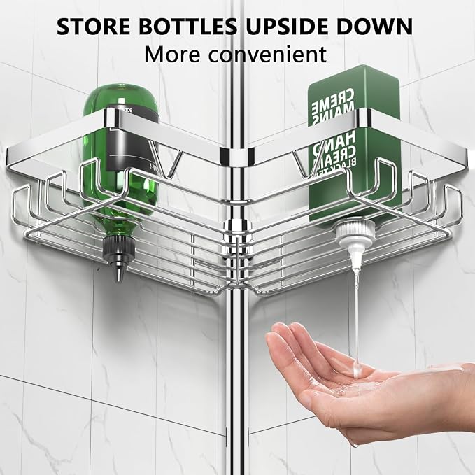 DAOYA Corner Shower Caddy Tension Pole - Chrome Tension Rod Shower Caddy | 4 Tier Shower Organizer for Bathroom/Bathtub/RV, Floor to Ceiling 25-114.2 inch, WIth 28 Hook/2 Soap Dish/ 2 Razor Holder
