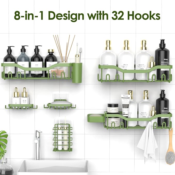 NESOMI Shower Caddy Adhesive Shower Organizer 8-Pack, Rustproof Stainless Steel Bathroom Shelves, Large Capacity No-Drill Rack Storage Accessories with Soap Dish Toothbrush Holder Hooks