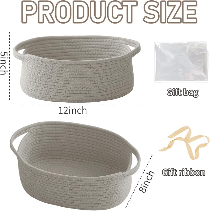 JMvicyroam Small Woven Basket, Empty Gift Basket, Grey/2 Pack | Small Gift Basket, Cotton Rope, 12 x 8 x 37 in, Handles, Includes Ribbon and Bag, Birthday Gift Basket