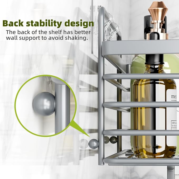 Yougai Shower Caddy, Shower Organizer with Soap Holder and Hooks, Rustproof Shower Shelves, No Drilling Bathroom Organizers and Storage, Wall-Mounted Kitchen & Home Decor, Light Grey