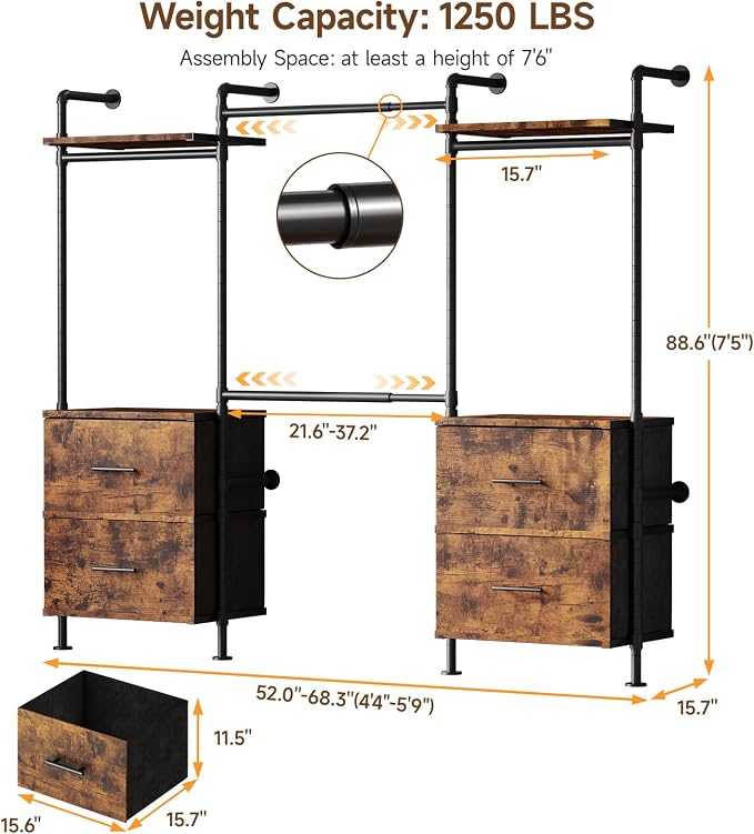 ONBRILL T4 Wall Mounted Closet System, Industrial Pipe Clothing Rack with 8 Wooden Shelves, 4 Drawers & 4 Hanging Rods (2 Expandable), Heavy Duty Closet Organizers and Storage System (Rustic Brown)
