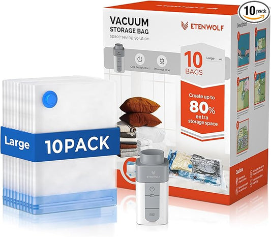 ETENWOLF 10 Large Vacuum Storage Bags for Travel with Wireless Pump | Vacuum Seal Bags for Clothing Travel, Compression Packing Bags for Clothes and Blankets, Space Saver Bags in Carry-On Sizes