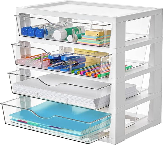 Vtopmart Clear Desktop Organizer, 4-Tier Drawer Storage with Dividers