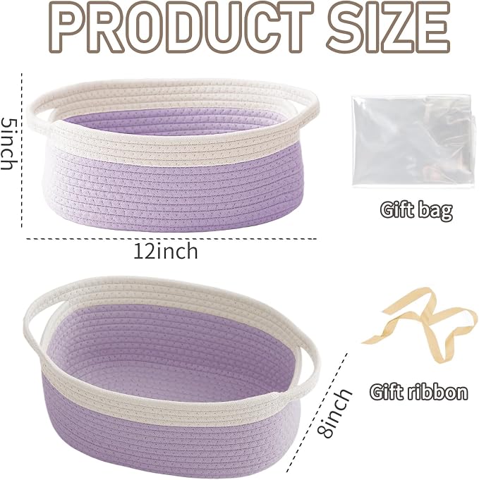 JMvicyroam Small Woven Basket, Empty Gift Basket, White&Purple/3 Pack | Small Gift Basket, Cotton Rope, 12 x 8 x 56 in, Handles, Includes Ribbon and Bag, Birthday Gift Basket