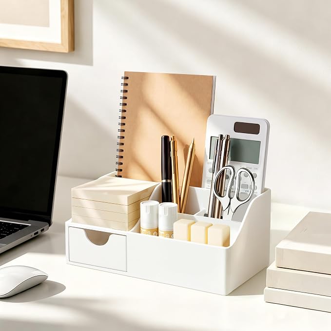 HBlife Acrylic Desk Organizer with Drawer, Pen & Pencil Holder, Multifunctional Desktop Caddy for Office Supply and Organization (White)