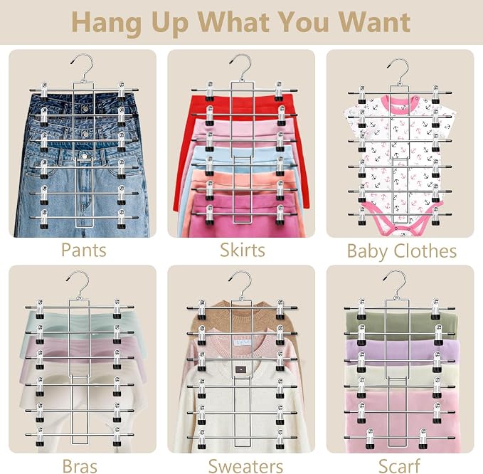 Pants Hangers with Clips,Space Saving Hanging Closet Organizer-6 Tiers Skirt Hangers with 360° Swivel Hook,Closet Organizer-Clothes Hangers- College Dorm Essentials Apartment Essentials- 4 Pack