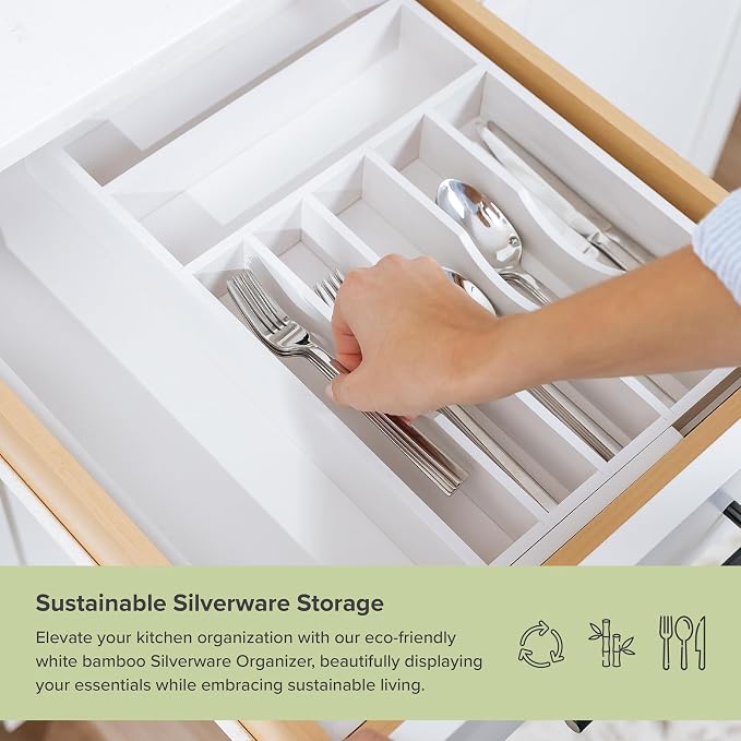 KitchenEdge Silverware & Utensil Drawer Organizer, 10.5-19 in, White Bamboo | Cutlery, flatware, food-safe contract grade, kitchen drawer fit