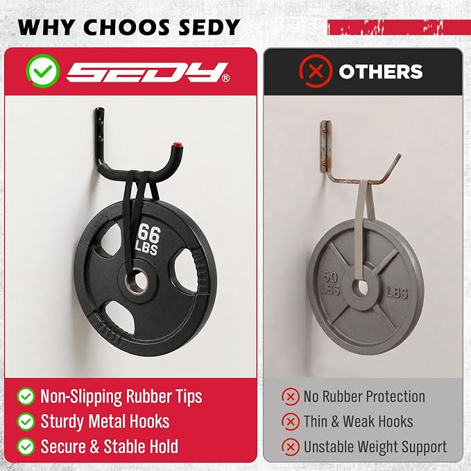 SEDY 6 Pack Heavy Duty Garage Hooks, Ladder Hooks for Garage Wall, Each Holds Up to 66 LB, 9.8 Inch EVA-Padded Steel Utility Hangers for Bikes, Folding Chairs, Garden Hoses and Tools