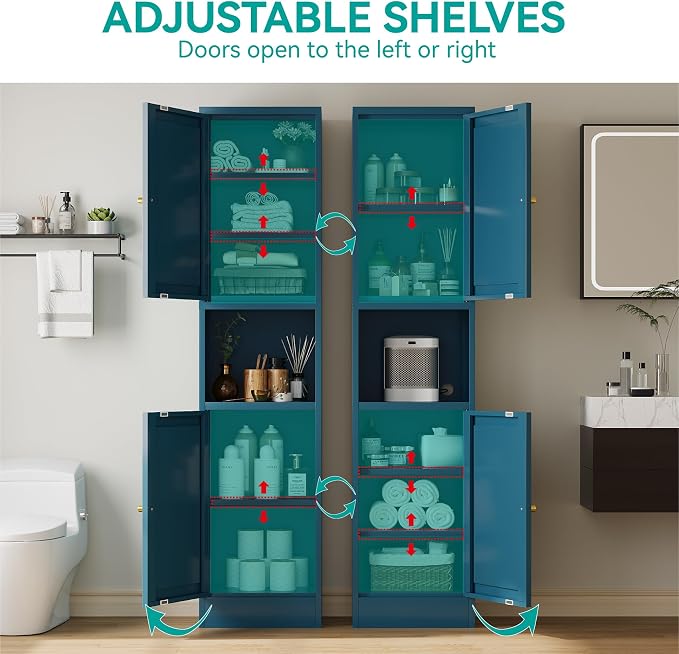 67" Tall Narrow Storage Cabinet with Doors and Open Shelf,Metal Pantry Cabinet,Shaker Style Slim Cabinet with Adjustable Shelves,for Bathroom Kitchen Laundry Small Spaces,Blue, 1Pc