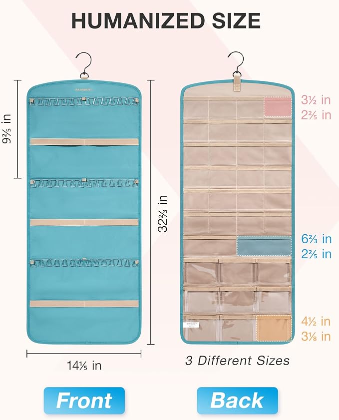 BAGSMART Hanging Jewelry Organizer, Necklace Holder Anti-tangle Earrings Rings Hanger with 20 Jewelry Bags Travel Storage Roll with Pockets Hang on Closet, Wall, Door,1 Piece, Large, Teal