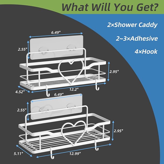 White Heart Shower Caddy,No Drilling Adhesive Shelves,2 Pack | Shower Shelf with 4 Removable Hooks,Holds 40 lbs,Rustproof Metal,For bathroom,kitchen,dorm,Cute Shower Organizer