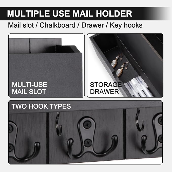 Mail and Key Holder Wall Mount with Storage Drawer & Chalkboard Panel | Modern Wooden Mail Organizer for Wall Entryway, 7 key hooks, Stylish Home Decor for Apartments, Living Room, Office