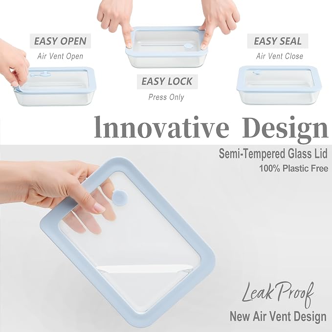 Glass Food Container Set with Silicone Glass Lid, Square Shape, 4 Pack, Airtight, LeakProof, 100% Plastic Free, Meal Prep Food Storage Containers, Blue Color