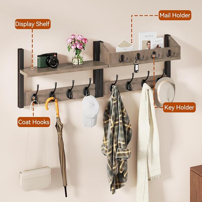 YMYNY 31.5" Coat and Key Rack Wall Mount with Shelf, Silver Gray, HWS007Y-2 | 4-in-1 Coat and Key Hanger with 12 Metal Hooks, Entryway Wall Shelf with Hooks & Mail Holder for Living Room, Bedroom
