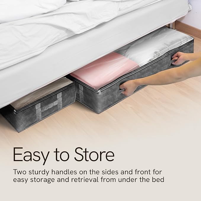 Reli. 90L Under Bed Storage with Clear Window, 8 Pack | Closet Storage Bins | Large underbed storage bags with clear window, gray, dual zippers, 90L, 39x20x7, flat storage bins with lids, handles