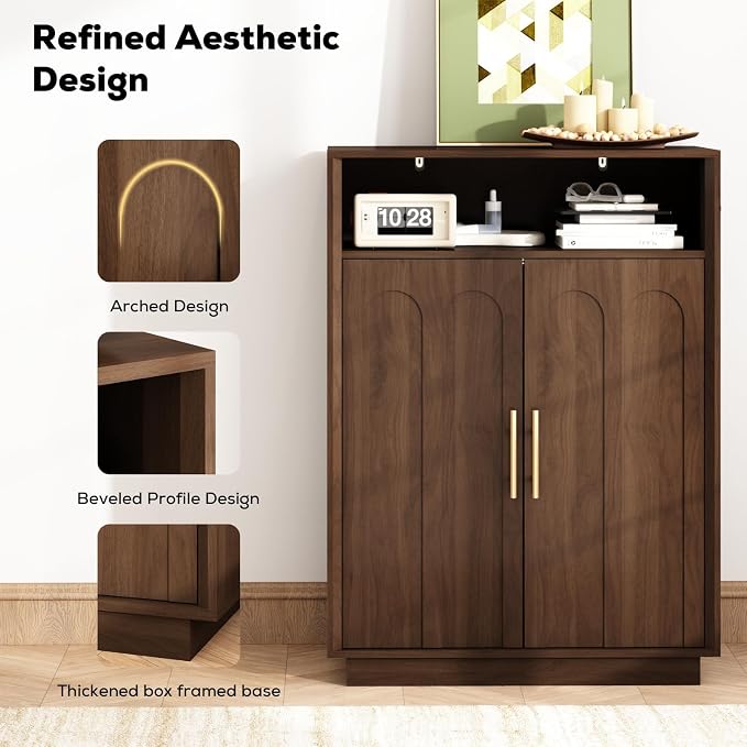 Shoe Cabinet with Arched Doors, 43" Hidden Shoe Storage, Walnut | Tall Large, Adjustable Shelves, 5-Tier Mid Century Modern Shoe Rack Organizer, for Entryway Hallway Living Room