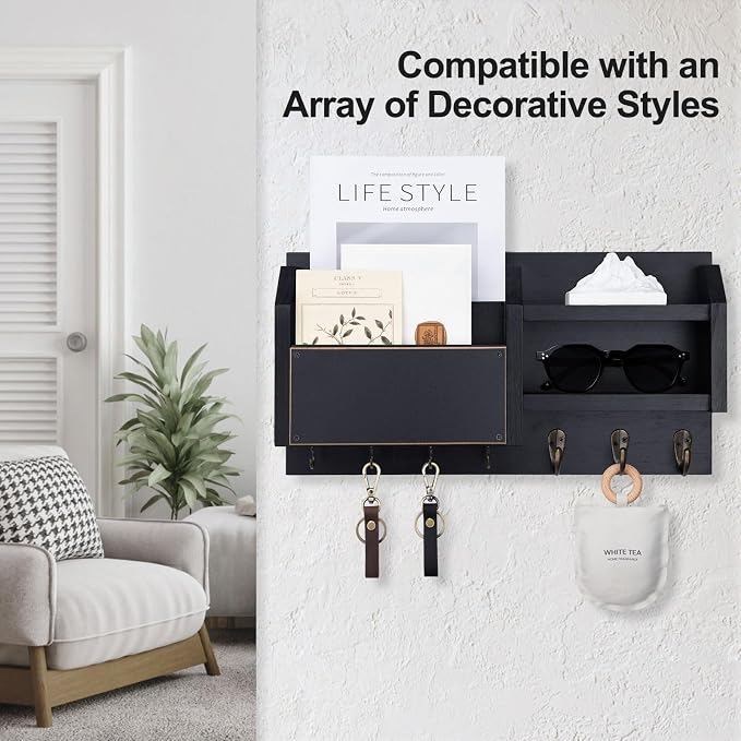 Lwenki Mail and Key Holder – Wall Mount Key Hanger with Shelf and 7 Metal Hooks – Decorative Natural Paulownia Wood Entryway Organizer with Mounting Hardware (16.5”W x 8.7”H x 3.5”D) (Black)