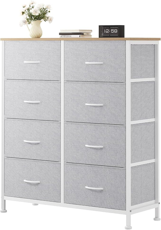 OLIXIS 8 Drawer Storage Dresser for Bedroom, Closet Organizers Units | Fabric Dresser with Wooden Top, Chest of Drawers Clothes Storage, Tower Cabinet, TV Stand Furniture, Light Grey