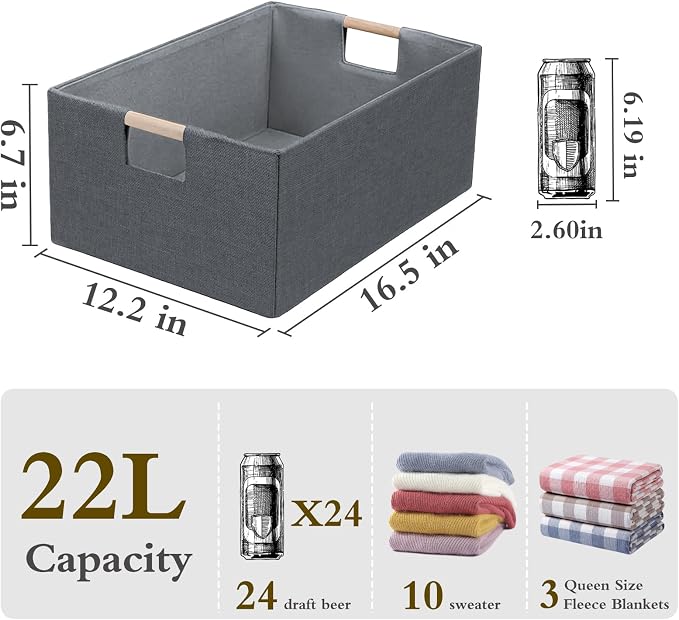 Foldable Fabric Storage Cubes, Cloth Storage Baskets with Wooden Handles, Shelf Closet Organizer Bins, Rectangular Linen Storage Boxes for Decor, 16.5 x 12.2 x 6.7 Inches