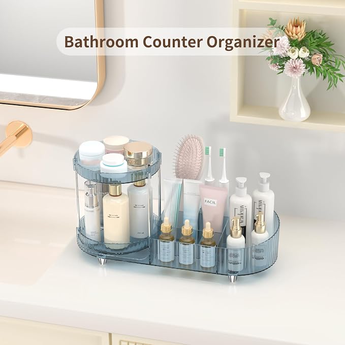 Rotating Makeup Organizer for Vanity, 2 Perfume Trays with 5 Compartments Cosmetic & Skincare Storage, Space-Saving Beauty Organizer, Multi-Purpose Countertop Organizers for Bathroom, Desktop, Pantry
