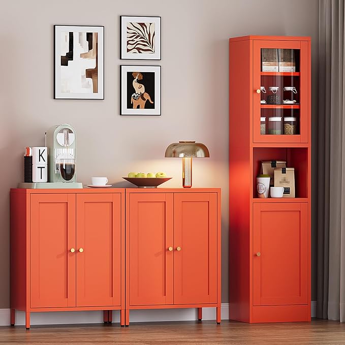 Bevivog Orange Metal Locker Cabinet with 2 Doors and 2 Adjustable Shelves, Small Accent Cabinet Bathroom Floor Storage Cabinets Short Sideboard for Entryway, Living Room, Hallway