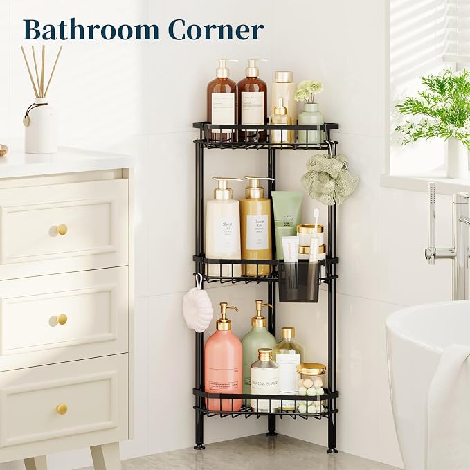 Consumest Corner Shower Caddy Stand - Rustproof Bathroom Organizer&Storage | 3 Tier Shower Shelves for Inside Shower, Stainless Steel Corner Shelf with Soap Holder, 4 Hooks, Brush Holder, Black