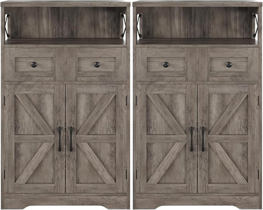 Farmhouse Storage Cabinet Set of 2, Small Kitchen Pantry Coffee Bar Cabinet | Accent Buffet Cabinet Cupboard, 2 Drawers, Barn Doors & Adjustable Shelves, for Kitchen/Entryway/Bathroom, Rustic Gray