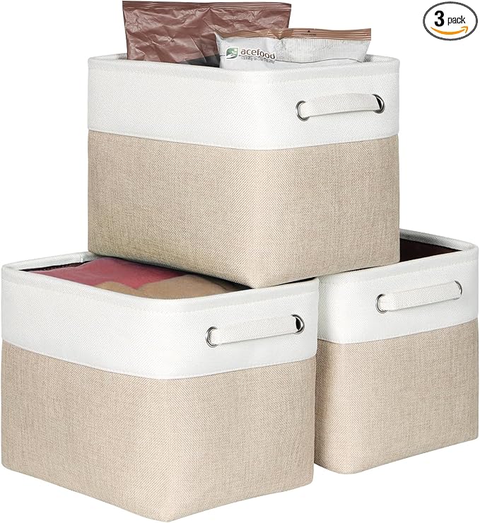 Foldable Storage Bin Collapsible Fabric Storage Basket Cube with Durable Handles Closet Organizer Bins for Organizing Shelves Drawers, Set of 3, 12" x 10" x 9.5", Beige