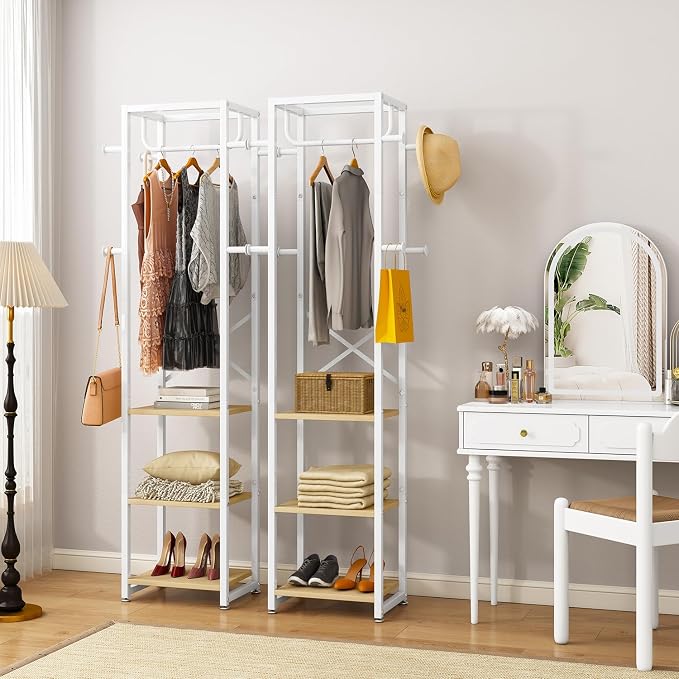 IBUYKE Freestanding Coat Rack,with 3 Shelves and 8 Hooks,Natural UTMJ088R | Metal Frame,Industrial Hall Tree,Clothes Stand for Entryway, Hallway, Bedroom,Office, Living Room