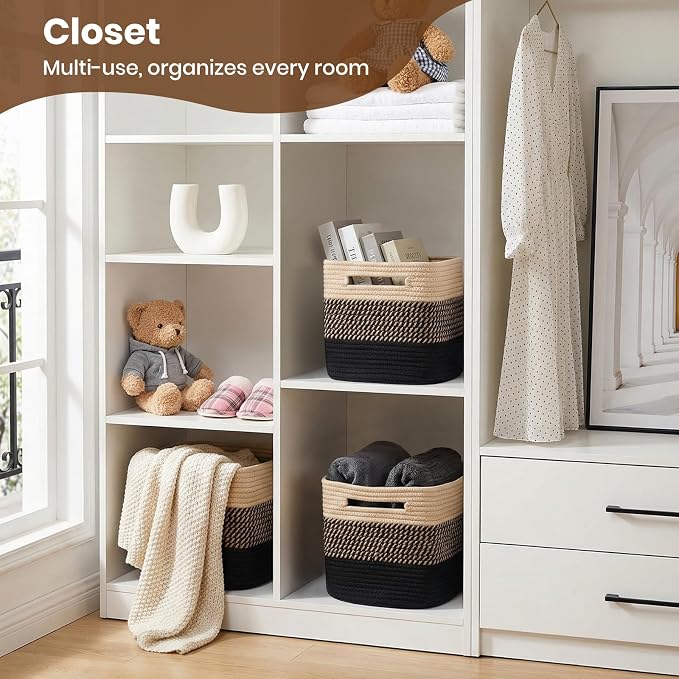 Storage Baskets for Organizing, 14 x 10 x 9” Closet Shelf Woven Baskets, Square Bins with Handles, Cotton Rope Basket for Clothes, Office, Room, Black+Brown 1Pack
