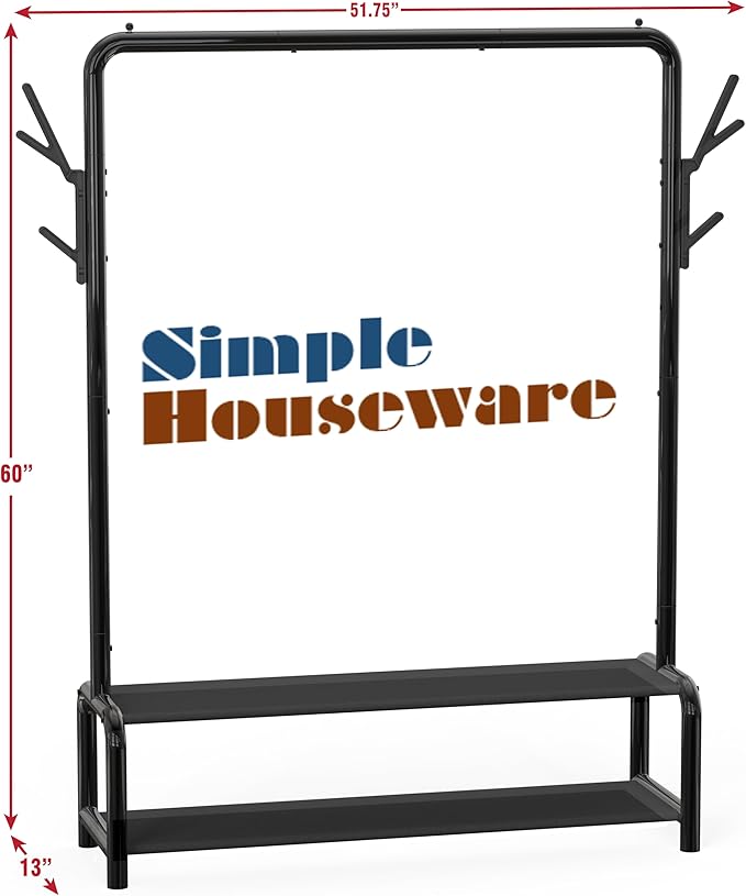 Simple Houseware 52" W Freestanding Closet Garment Rack with Shelves, Black | With 600D Fabric Shelves, Hanger Stoppers, and Hooks for Coat & Hat