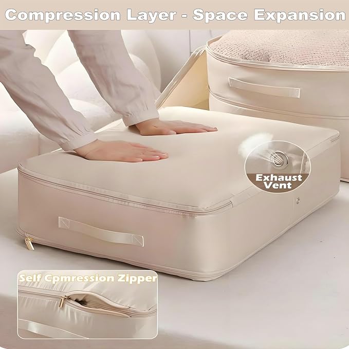 Comforter Storage Bag, Bedding & Blanket Self Compression Storage Organizer | Compression Storage Bag for Blanket Storage, Thick Satin Fabric Heavy Duty Bags for Pillow Duvet (Beige, L)