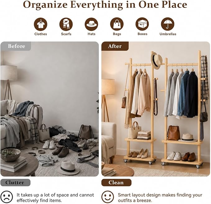 Taitiy Solid Wood Coat Rack Small Freestanding with Wheels 2 Shelves | Small spaces, solid rubberwood construction, 2 shelves and 5 hooks, ideal for bedrooms, entryways, apartments and homes
