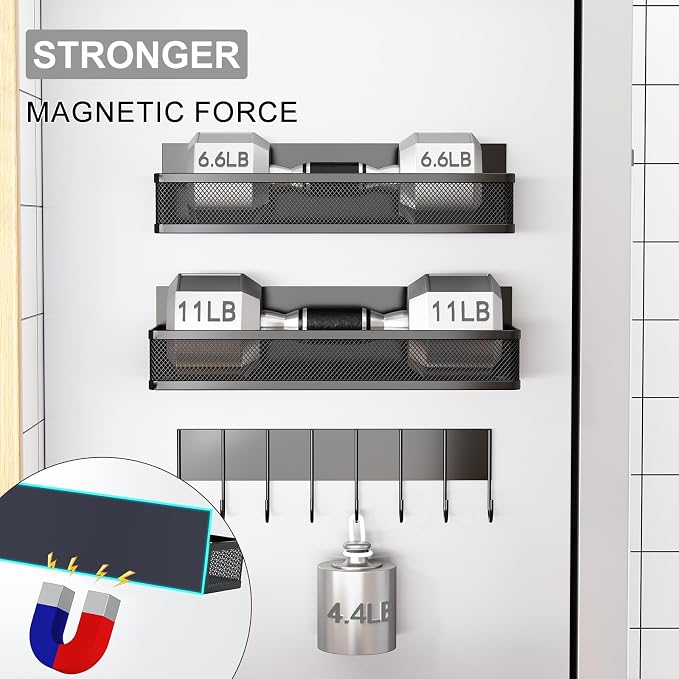 Aufworld Magnetic Spice Rack for Refrigerator, 5 Pack Magnetic Shelf, Moveable Magnetic Fridge Organizer with an 8-Hook Rack, Seasoning Organizer for Kitchen Organization (Extra with 8 Hooks)