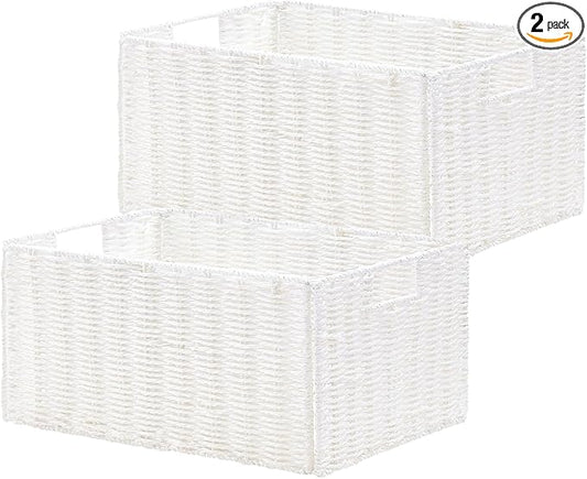 Vagusicc Wicker Storage Basket, Set of 2 Hand-Woven Paper Rope Wicker Basket, Small Storage Baskets for Organizing Toilet Paper Basket, Foldable Large Cube Storage Organizer Bins for Shelves (White)
