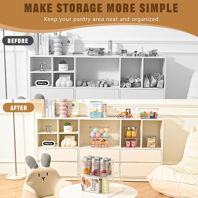 Freebat 12 Pack Clear Storage Bins with Lids, Middle Pantry 0rganizer Bins | Stackable Plastic Storage Containers, Pantry Organization for Office, Bedroom, Cabinet, Fridge,Kitchen Organization