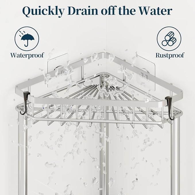 Consumest Corner Shower Caddy Stand - Rustproof Bathroom Organizer&Storage | 3 Tier Shower Shelves for Inside Shower, Stainless Steel Corner Shelf with Soap Holder, 4 Hooks, Brush Holder, Silver