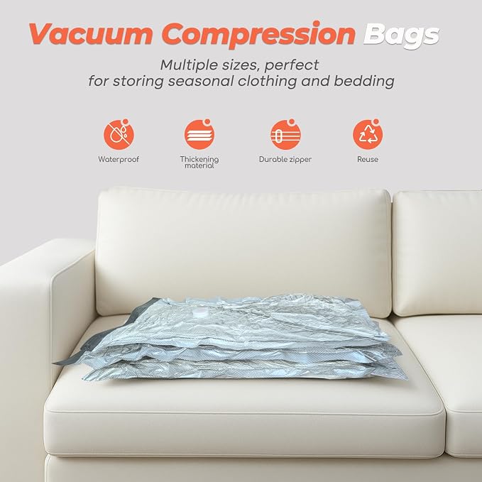 Vacbird Travel Vacuum Storage Bags, 8 Pack 29" Vacuum Seal Bags with Rechargeable Cordless Pump Compression Packing for Clothing Clothes Suitcase Luggage
