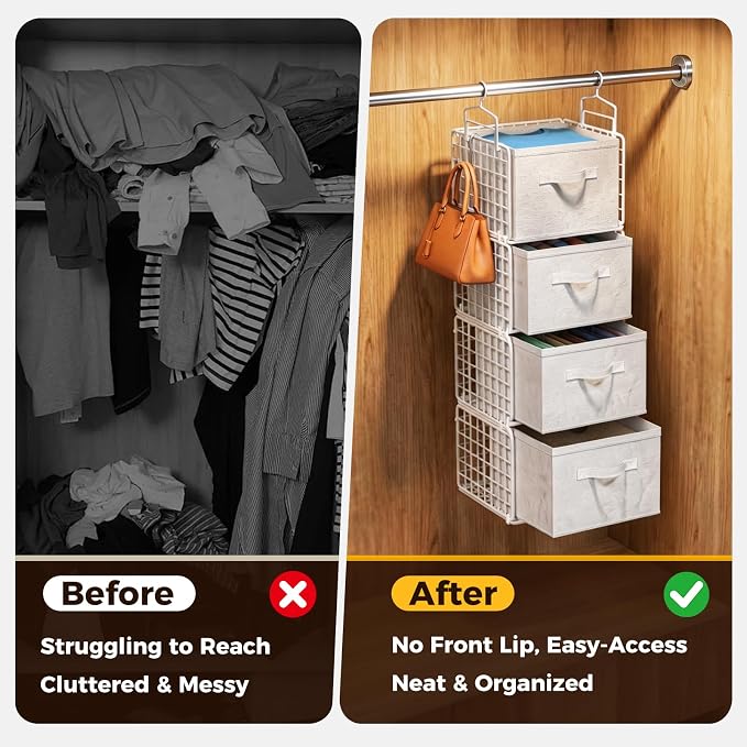 4 Tier Hanging Closet Organizer with 4 Drawers, White | Metal Hanging Shelves with 4 Hanging Hooks for Wardrobe Laundry Garage, No Sagging, Modular Design, Space Saving