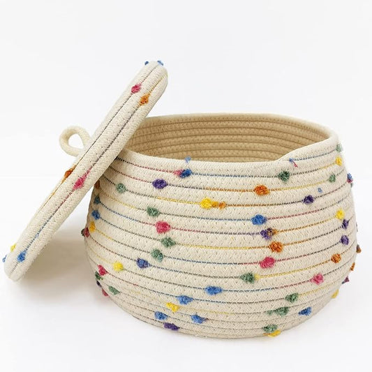 Small basket, Cute Woven Basket with Lid & Decorative Bin for Storage | small woven basket rope basket decorative basket gift basket
