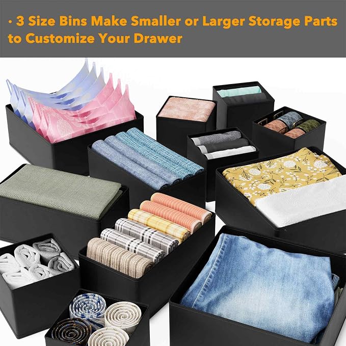 SpaceAid Drawer Organizer for Clothes, 18 Pack Dresser Drawer Organizer Bins, Closet Organizers and Storage Dividers for Clothing, Underwears, Socks (Black)
