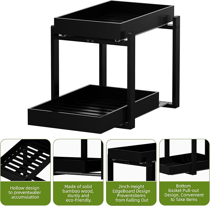 APRTAT 2 Pack Bamboo Under Sink Organizer, 2-Tier Pull Out Storage Drawers | Smooth pull-out drawers keep cleaners and tall bottles visible, organized and easy to reach in kitchen or bathroom cabinets