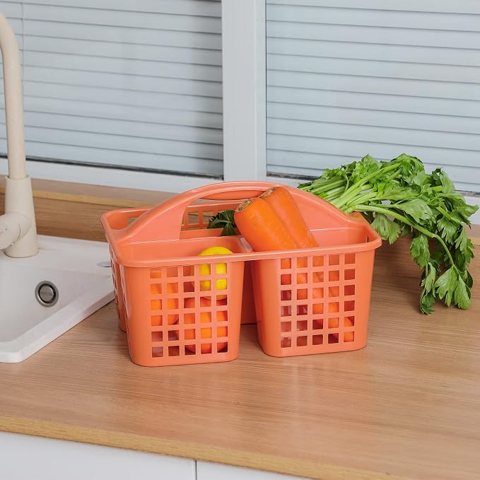 Portable Shower Caddy Basket Plastic Storage Basket with Compartment Orange | Sturdy Large Capacity Cleaning Supplies Organizer Divided Tool Bin for Bathroom Kitchen Bedroom College Dorm Essentials