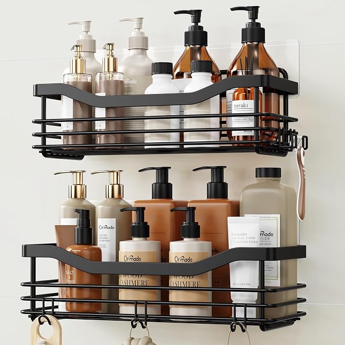 Orimade Shower Caddy Basket Shelf Storage Rack, No Drilling Wall Mounted Adhesive Rust Resistant Stainless Steel Shower Organizer with 5 Hooks for Bathroom, Black 2 Pack