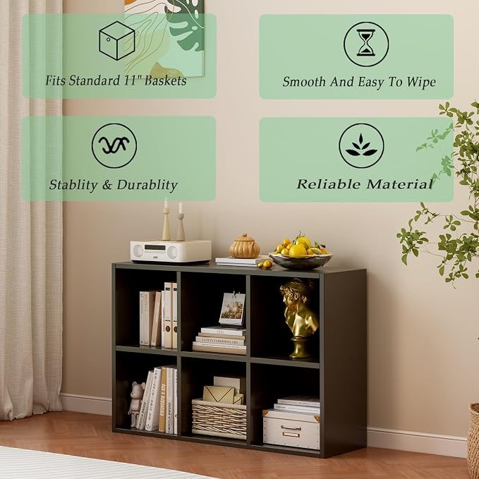OSCHF 6-Cube Storage Shelf Bookcase, Black | Wooden 3-Tier Open Bookshelf, Fits 11×11" Bins, Vertical or Horizontal Use, Full Back Panels, For Home Office
