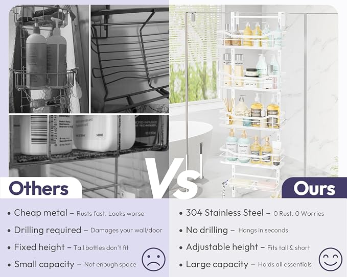 SWTYMIKI Over the Door Shower Caddy - 5 Tier Adjustable Shower Organizer Hanging with Soap Holder, No Drilling Stainless Steel Bathroom Rack Hanging for Body Wash, Shampoo, Soap, Razor, White