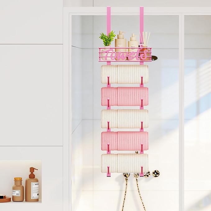 SWTYMIKI Hanging Towel Racks for Bathroom - 9 Tier Over the Door & Wall Mounted Bath Rolled Towel Storage for Women Girl, Door Towel Organizer Holder for Small Bathroom, RV, Camper