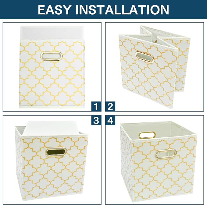 Fabric storage bins Cubes, Fabric Cube Organizer with Handle, Foldable Cube Bins for Cloth or Accessary Storage, 11x11x11, Set of 3, (Creamy-White Gold)