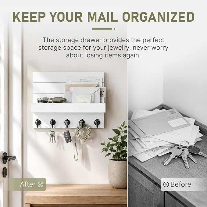 HONJIN Key Holder Wall Mount with Shelf and 5 Sturdy Key Hooks (White) | Key and Mail Holder Wall Mount, Wooden Entryway Organizer and Decorative, Easy Installation, 10*3.8*6.85 Inch