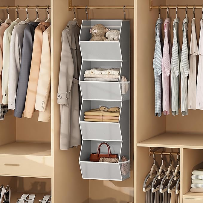 Wawocs 4 Shelf Hanging Closet Organizers and Storage for Kids 2 Packs, Grey | Hanging Shelves for Closet Organization, Hanging Closet Storage for Wardrobe Organizer, Closet Hanging Organizer for Bedroom